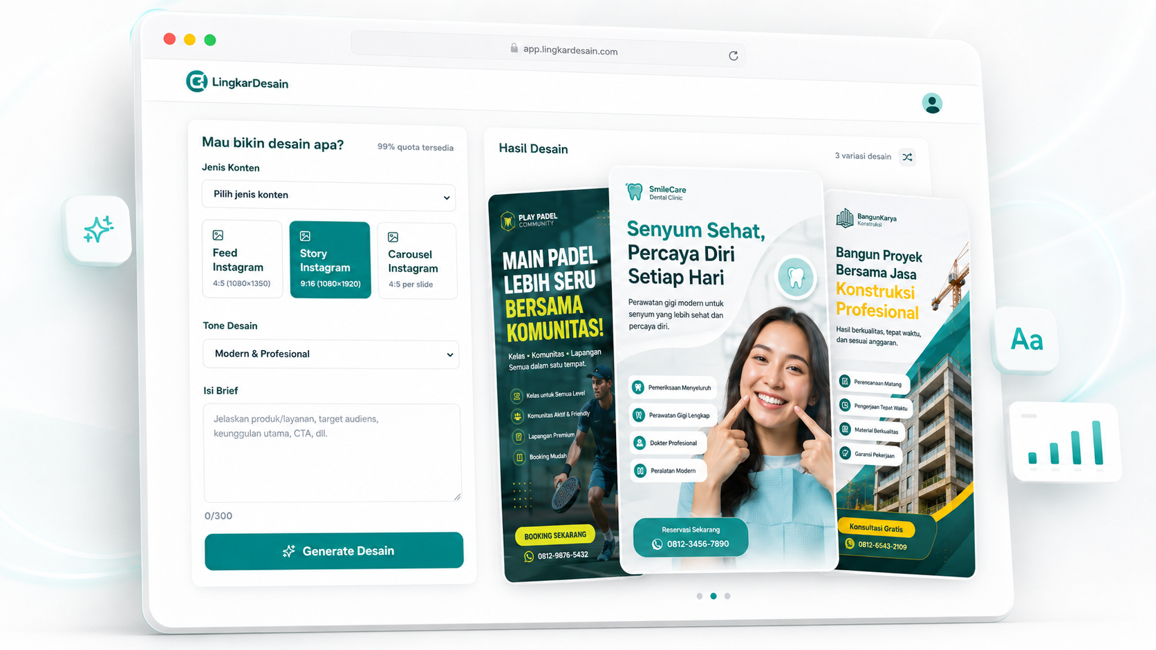 Preview aplikasi LingkarDesain untuk generate desain konten sosial media